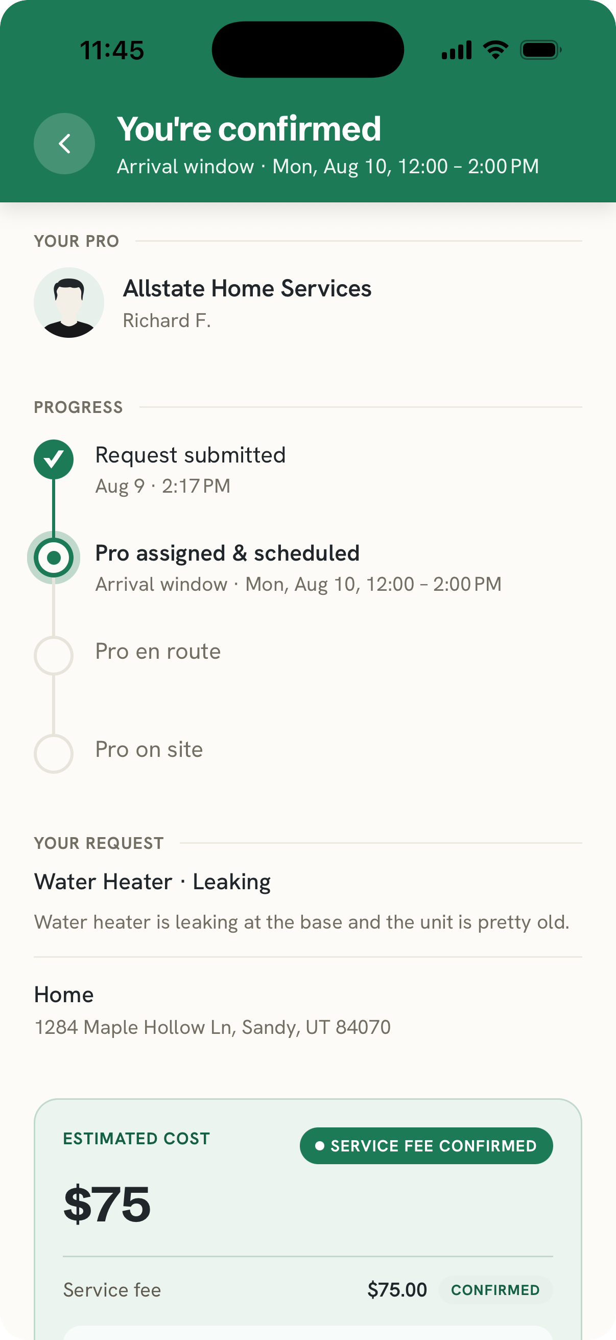 A confirmed Duably job: the pro who accepted it and the arrival window Mon, Aug 10, 12:00 to 2:00 PM, with the job's progress and the $75.00 service fee marked confirmed.